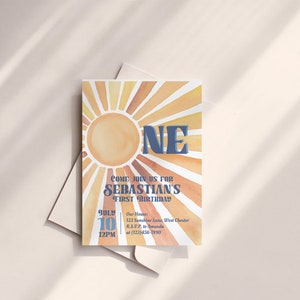 Sunshine First Birthday Invitation, First Trip Around The Sun Boy Birthday, Retro Groovy Party, Boho Sun, Editable PDF, Instant Download