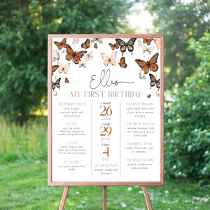 Tablero de cumpleaños de mariposa monarca EDITABLE, tablero de hitos del 1er cumpleaños, primer cumpleaños de niña, cumpleaños de mariposas, descarga instantánea