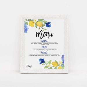 Limões e sinal de menu floral azul, menu para impressão, menu de comida de limões, decoração de aniversário cítrico, primeiro aniversário de menina, download instantâneo