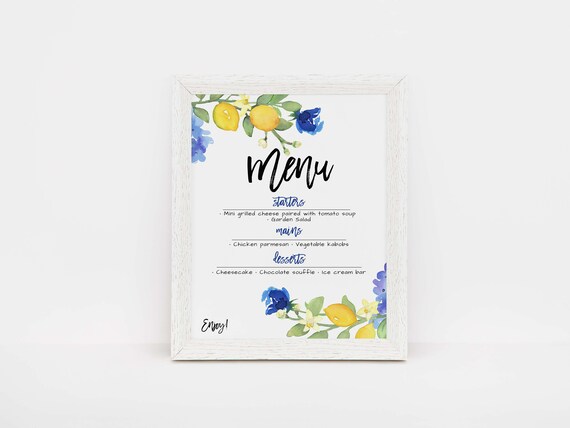 Lemons and Blue Floral Menu Sign Printable Menu Lemons Food | Etsy