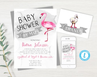 May include: Pink flamingo baby shower invitation with a watercolor design. The invitation says "Baby Shower by Mail" and includes the name "Maria Johnson".