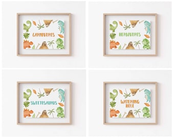 Señales de mesa de comida de dinosaurios, etiquetas de menú personalizadas, carnívoros y herbívoros, cumpleaños de Little Dino, T Rex, fiesta DinoMite, descarga instantánea