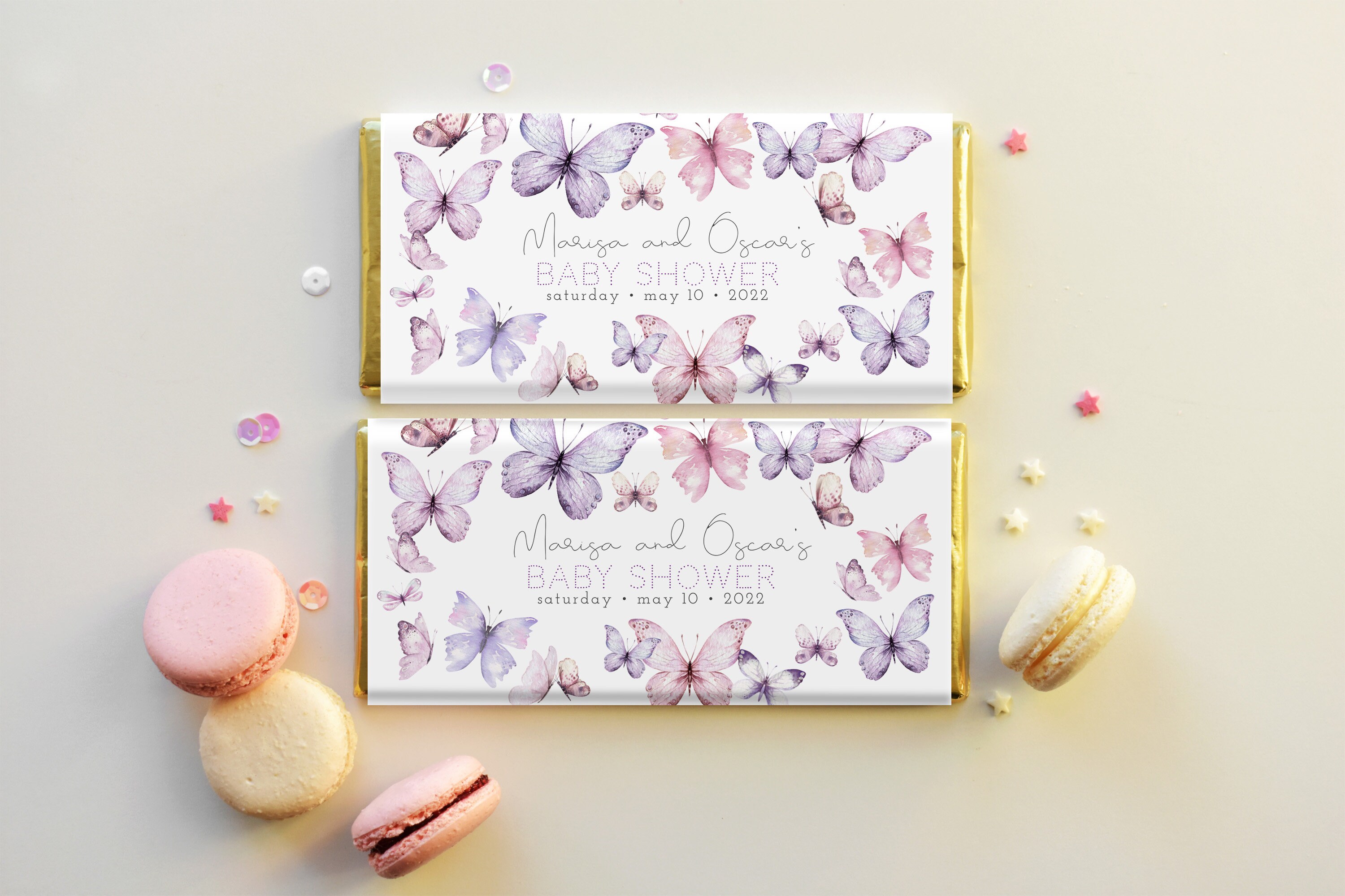 Butterfly Birthday Candy Bar Wrappers - 42 Purple Butterfly Stickers For Party Favors