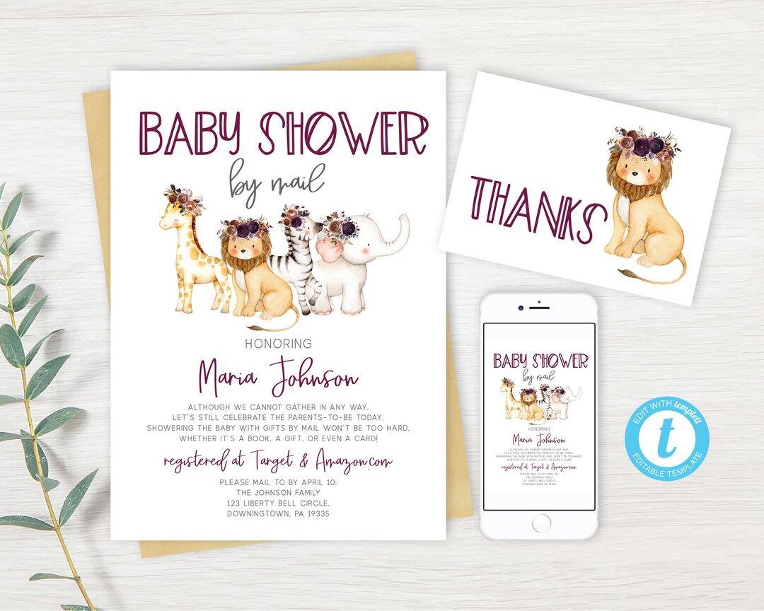 Baby Shower by Mail Invitation, Long Distance Shower, Girl Safari Baby