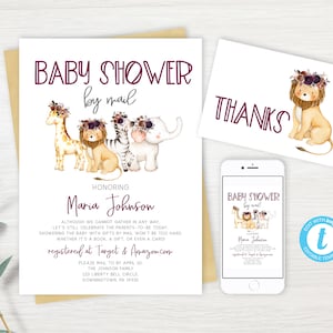 Baby Shower By Mail Invitation, Long Distance Shower, Girl Safari Baby Shower, Animals Shower By Mail Invite, Editable PDF, Instant Download