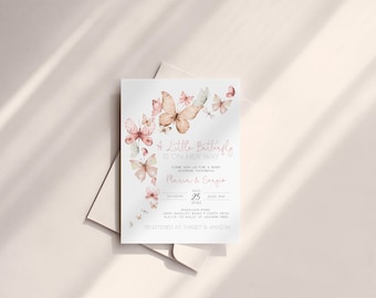 A Little Butterfly Is On Her Way Baby Shower Invitation, Girl Baby Shower, Butterfly Wishes, Baby Sprinkle, Editable PDF, Instant Download