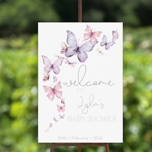 Pink Purple Butterfly Welcome Sign, Custom A1 Baby Shower Sign, Butterflies Baby Shower, Birthday Sign, Summer Baby Shower, Instant Download