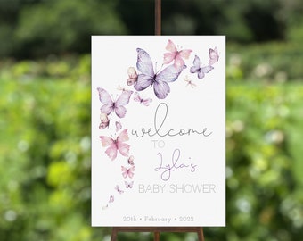 Pink Purple Butterfly Welcome Sign, Custom A1 Baby Shower Sign, Butterflies Baby Shower, Birthday Sign, Summer Baby Shower, Instant Download