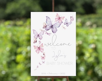 Pink Purple Butterfly Welcome Sign, Custom A1 Baby Shower Sign, Butterflies Baby Shower, Birthday Sign, Summer Baby Shower, Instant Download