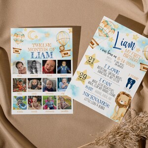 Marco de aniversário EDITÁVEL Lion Dreamland, fotos de 12 meses, cartões de primeiro aniversário, estatísticas de balão de ar quente, download instantâneo