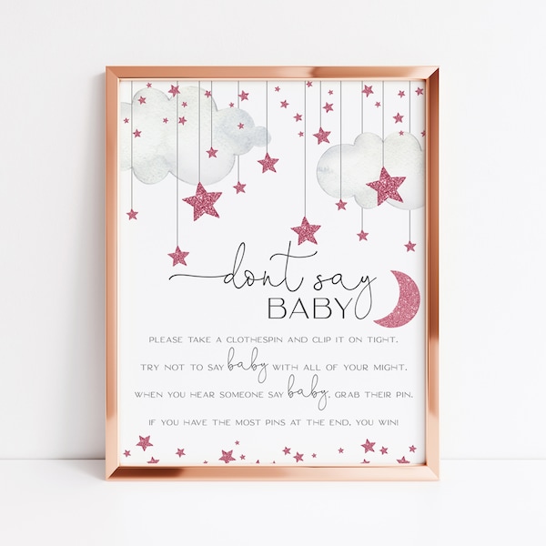 Twinkle Twinkle Little Star Don't Say Baby Sign, Do Not Say Game, Pink Stars Poster, Baby Shower Decorations, Editable PDF, Instant Download