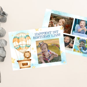 EDITABLE Lion In Hot Air Balloon 1st Birthday Pictures, Printable Birthday Cards, First Birthday, Hot Air Balloons Cards, Instant Download