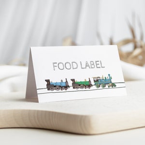 Tarjeta plegable de tienda de trenes azules y verdes, etiqueta de alimentos, tarjeta de lugar de tren, cumpleaños de niño, baby shower, etiquetas imprimibles, descarga instantánea