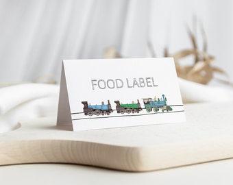 Blue And Green Trains Tent Fold Card, Food Label, Train Place Card, Boy Birthday, Baby Shower, Printable Labels, Instant Download