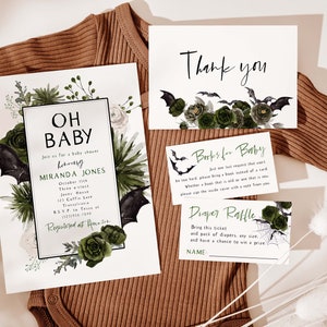 Oh Baby Halloween Baby Shower Invitation, Green Fall Baby Shower, Vampire Bat Baby Sprinkle, Editable PDF, Instant Download