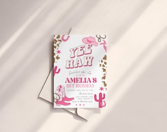 Girl's First Rodeo Birthday Invite, Cowgirl Is Turning One, Pink Boots, Yee Haw 1st Printable Invitation, Editable PDF, Instant Download