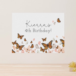Butterfly Birthday Backdrop, 48&quot; x 36&quot; Birthday Banner, Baby Shower Decor, Butterfly Kisses, Girl Birthday, Editable PDF, Instant Download