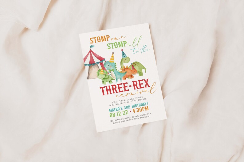 EDITABLE Dinosaur ThreeRex Carnival Invite DinoMite Circus Invitation TRex Birthday Stomp One Stomp All Instant Download