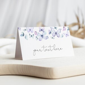 Lila en blauwe vlinder plaatskaarten, voedseletiketten, baby shower decor, vlinderkussen en babywensen, verjaardag, instant download