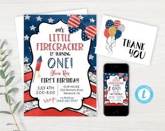 May include: A printable invitation for a first birthday party with a red, white, and blue American flag theme. The invitation says "Our Little Firecracker is Turning One!" and includes the child's name, date, time, and location. The invitation also includes a thank you card with red, white, and blue balloons.