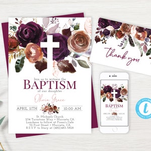 EDITABLE Boho Baptism Invite, Floral Baptism Invitation Template, Baby Baptism, Girl Baptism, Christening Invitation, Instant Download