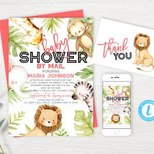 Baby Shower By Mail Invitation, Long Distance Shower, Safari Baby Shower, Boy Shower By Mail, Any Gender, Editable PDF, Instant Download