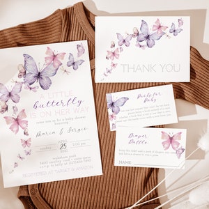 Un petit papillon est sur son chemin Baby Shower Invitation, Shower de bébé fille, souhaits de papillon, bébé saupoudrer, PDF modifiable, téléchargement immédiat