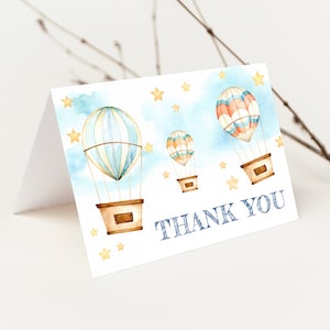 Cartão de agradecimento de balão de ar quente, balão e estrelas de agradecimento, para cima e para longe, download instantâneo