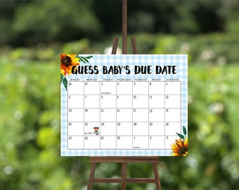 Op de afbeelding: Een blauw en wit gingham baby shower spelbord met zonnebloemen. Het bord zegt "Raad de uitgerekende datum van de baby" en heeft een kalender met de maand september gemarkeerd. Een klein grillpictogram staat op de 22e.