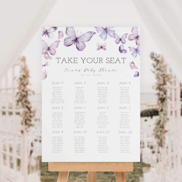 Purple Butterfly Seating Chart, Custom Take Your Seat Sign, Butterflies Baby Shower, Butterfly Bridal Shower Poster, Instant Download