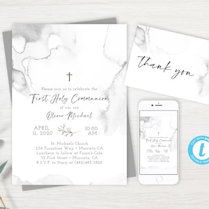 EDITABLE Black And White Watercolor First Communion Invite, Invitation Template, Holy Communion Invitation, Modern, PDF, Instant Download