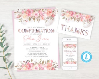 EDITABLE Floral Watercolor Confirmation Invite, Boho Invitation Template, Confirmation Invitation, Girl Confirmation, PDF, Instant Download