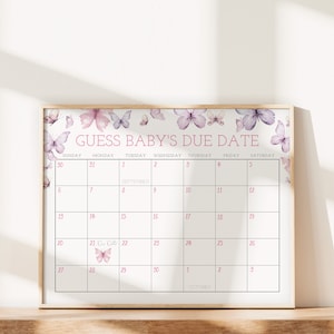 EDITIERBAR Erraten Baby Fälligkeitskalender, Rosa Lila Schmetterlinge Duschbrett, Schmetterling Poster, Fälligkeitskalender, Sofortiger Download