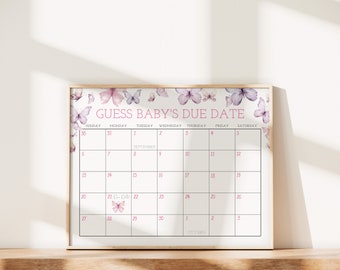 May include: A printable baby shower game featuring a calendar with butterflies and the text "Guess Baby's Due Date". The calendar is for September and October.