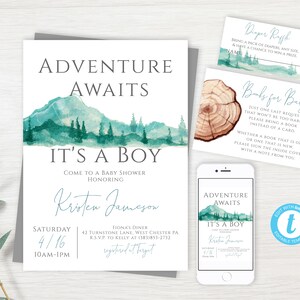 Adventure Awaits Baby Shower Invitation, Rustic Shower Invite, Boy Baby Shower, Forest Greenery, Mountains, Editable PDF, Instant Download