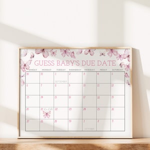 EDITIERBAR Guess Baby Fälligkeitskalender, rosa Schmetterlinge Duschbrett, Schmetterling Poster, Sommer Frühling Fälligkeitskalender, Sofortiger Download