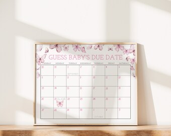 Könnte beinhalten: Ein druckbarer Kalender mit einem rosafarbenen Schmetterlingsdesign. Der Kalender ist zum Erraten des Geburtstermins eines Babys. Der Kalender ist für September und Oktober.