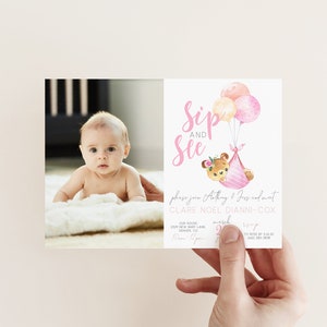 Sip And See Baby Bear Invitation With Photo, Welcome Baby Shower Invite, Girl Sip And See, Editable PDF, Instant Download