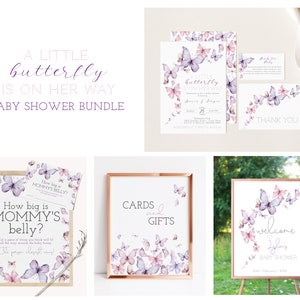 Vlinder baby shower uitnodiging bundel, vlinder kussen uitnodigen, boeken voor baby, cadeau en kaart tafel teken, welkomstbord, Instant Download