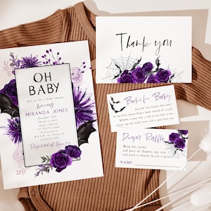 Oh Baby Halloween Baby Shower Invitation, Purple Fall Baby Shower, Vampire Bat Baby Sprinkle, Editable PDF, Instant Download