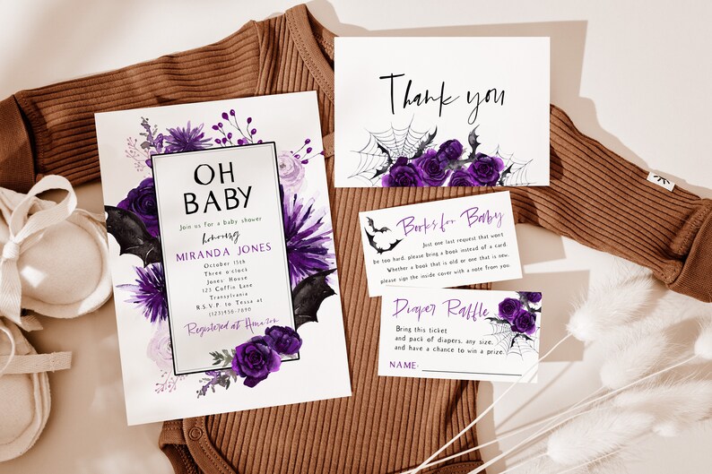 Oh Baby Halloween Baby Shower Invitation Purple Fall Baby Shower Vampire Bat Baby Sprinkle Editable PDF Instant Download