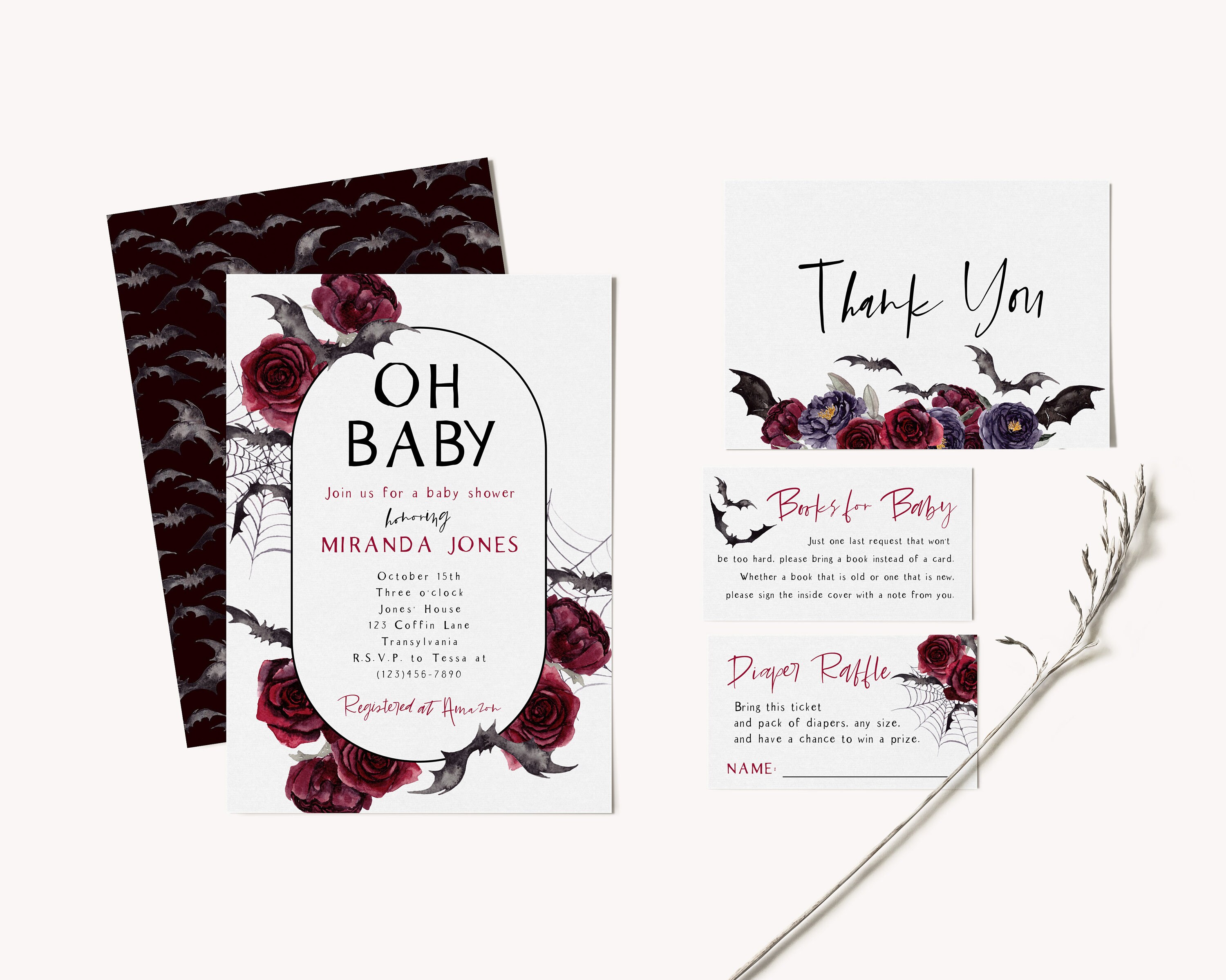 Oh Baby Halloween Baby Shower Invitation Fall Baby Shower Vampire Bat Baby Sprinkle Scarlett Invite Editable PDF Instant