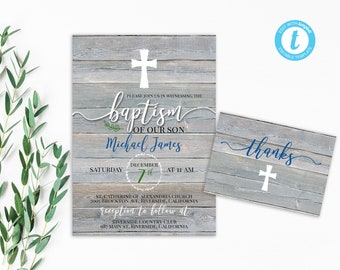 May include: A rustic wood-grain background with a white cross and the text "baptism of our son Michael James" in blue and white. The text "December 7th at 11 AM" is also included. The bottom of the invitation includes the text "St. Catherine of Alexandria Church 2005 Brockton Ave, Riverside, California reception to follow at Riverside Country Club 987 Main St, Riverside, California". A separate card with the text "thanks" in blue and a white cross is also included.
