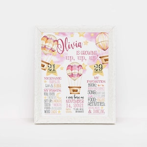 EDITABLE Pink Hot Air Balloon Birthday Board, Growing Up Up Up Board, Birthday Milestone Board, First Birthday, Instant Download