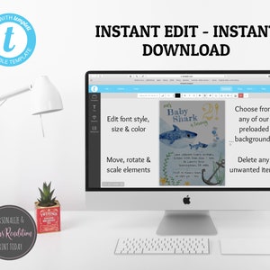 May include: A computer screen displaying a digital invitation template for a baby shark themed birthday party. The template features a blue and white illustration of a baby shark with the text "Our Baby Shark is turning 2!" The screen also shows instructions for editing the template, such as changing the font style, size, and color, moving and rotating elements, and choosing from a variety of backgrounds.