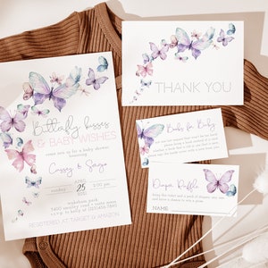 Butterfly Kisses And Baby Wishes Baby Shower Invitation, Girl Baby Shower, Butterfly Baby Sprinkle, Editable PDF, Instant Download