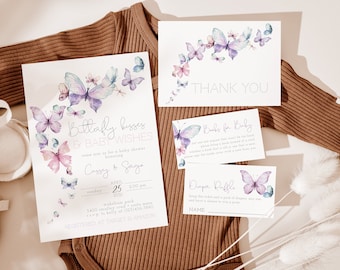 Butterfly Kisses And Baby Wishes Baby Shower Invitation, Girl Baby Shower, Butterfly Baby Sprinkle, Editable PDF, Instant Download