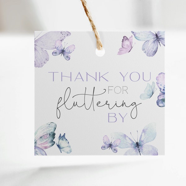 Butterflies Favor Tag, Lilac And Blue Butterflies, Custom 2.5x2.5 Gift Tag Sticker, Thank You For Fluttering By Favor Tag, Instant Download
