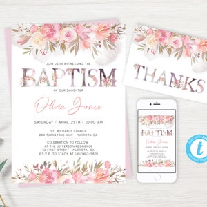 EDITABLE Floral Watercolor Baptism Invite, Boho Baptism Invitation Template, Girl Baptism, Christening Invitation, PDF, Instant Download
