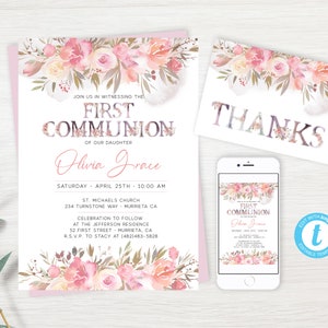 EDITABLE Floral Watercolor First Communion Invite, Boho Invitation Template, Holy Communion Invitation, Girl Communion, Instant Download